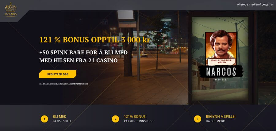 21 Casino forside med eksklusiv bonus som gir deg 50 free spins uten innskudd på Narcos