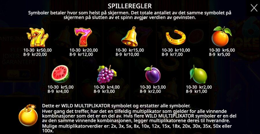 Symboler og utbetalingstabell på spilleautomaten 6 Jokers fra Pragmatic Play