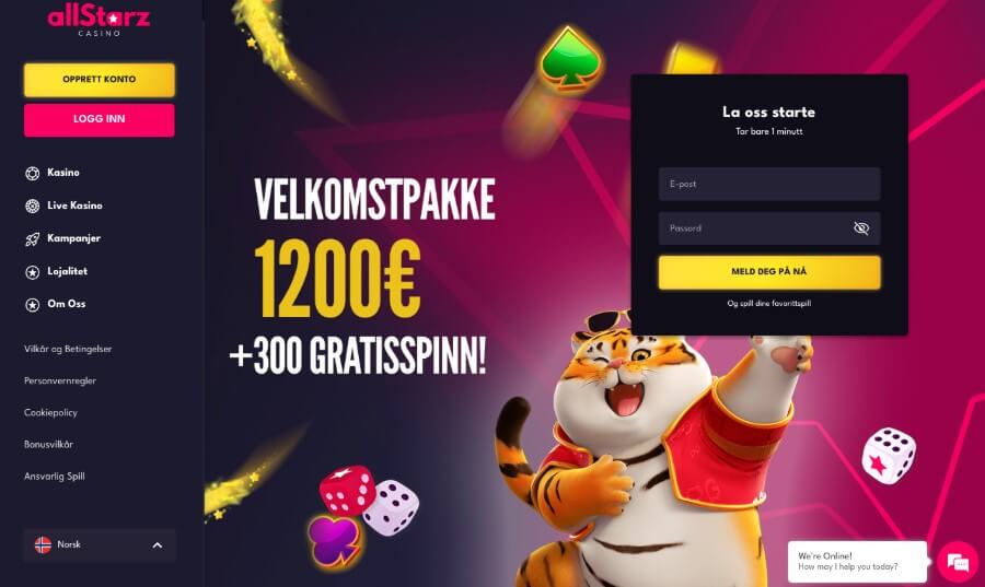 All Starz Casino har en flott forside og  en herlig velkomstbonus med free spins