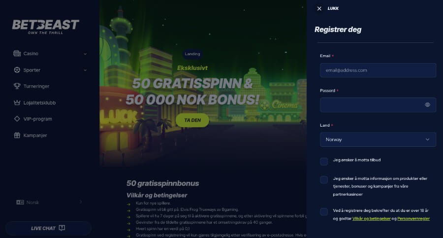 Registreringen er enkel hos BetBeast og du får eksklusive free spins uten innskudd