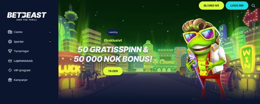 BetBeast har en fargerik forside og en eksklusiv velkomstbonus gjennom NorgeKasino