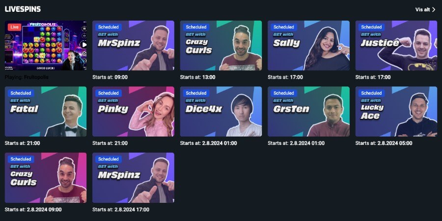 Evobet har også Livespins der du kan spille sammen med streamere