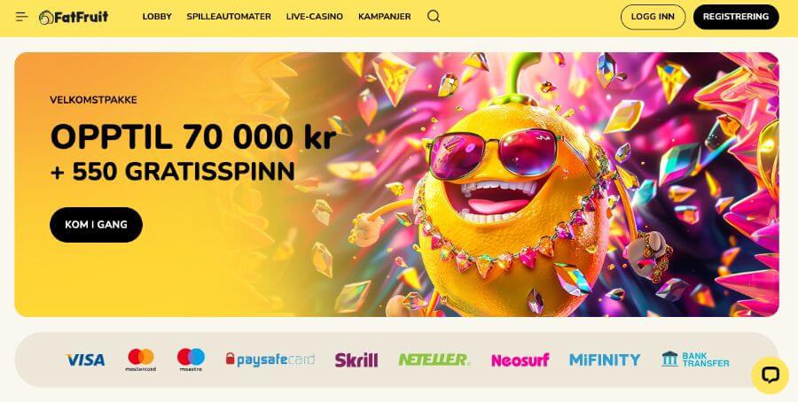 FatFruit er et kryptocasino med en flott og fargerik forside med en heftig velkomstbonus