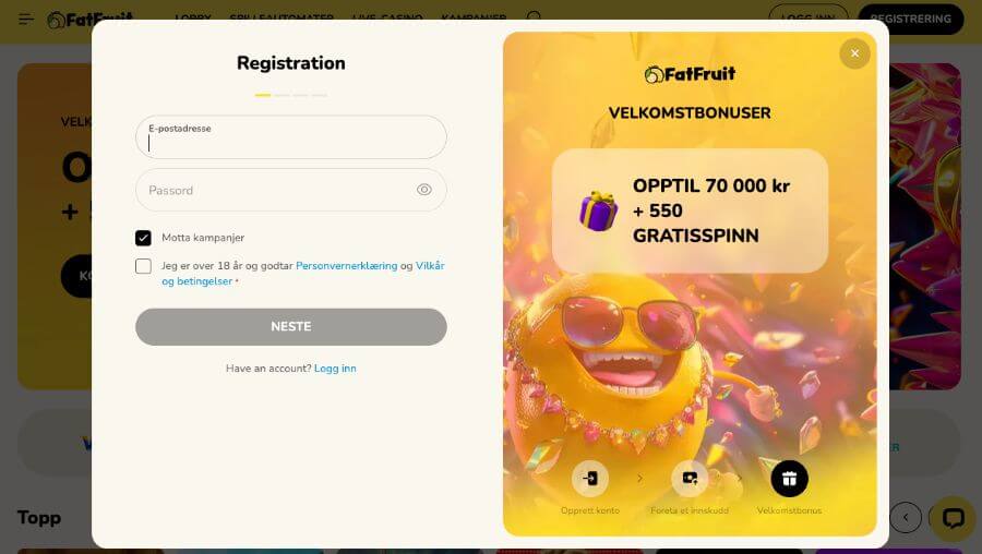 Det er en enkel registreringsprosess og en stor velkomstbonus som venter hos FatFruit