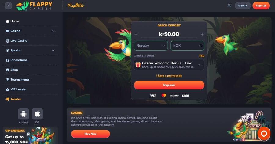 Flappy Casino har en forside med fargerike fugler og en herlig velkomstbonus til nye spillere