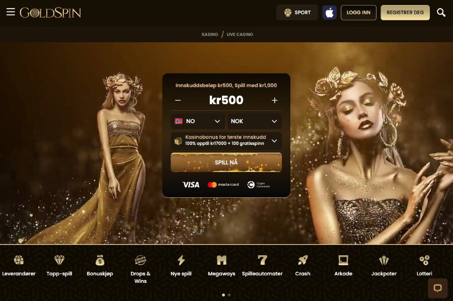 Hos GoldSpin er det en forside av gull og en velkomstbonus som også inkluderer free spins