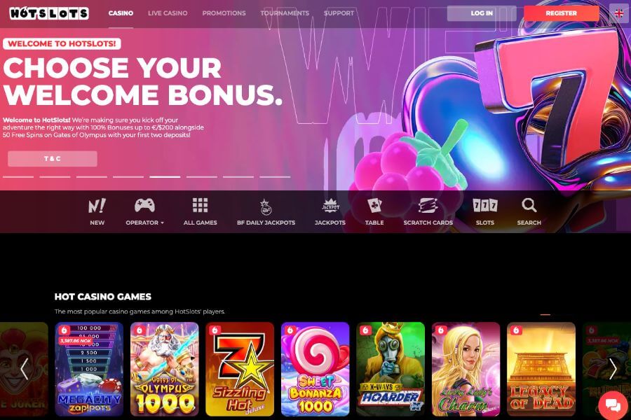 HotSlots har en flott forside med en hot velkomstbonus inkludert free spins for alle nye spillere