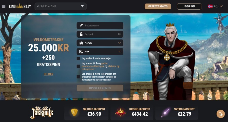 King Billy Casino har en fin forside og en spennende velkomstbonus