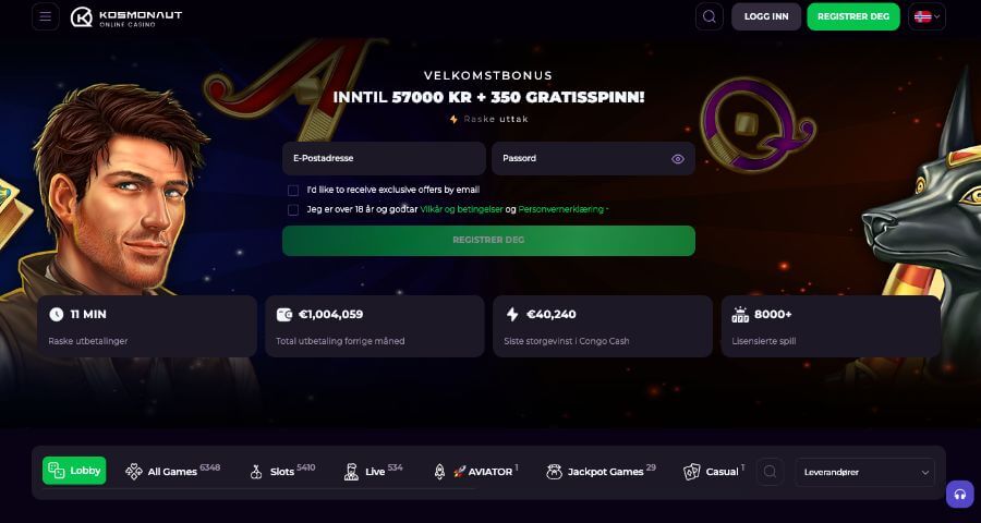 Forsiden til kryptocasinoet Kosmonaut Casino har et fint design