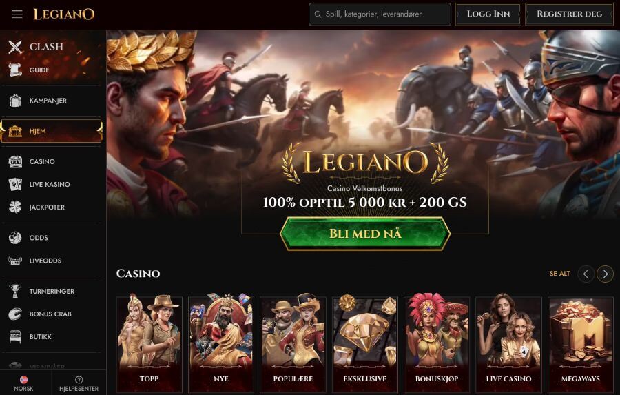 Legiano sin forside viser et casinoeventyr og du får en fin velkomstbonus