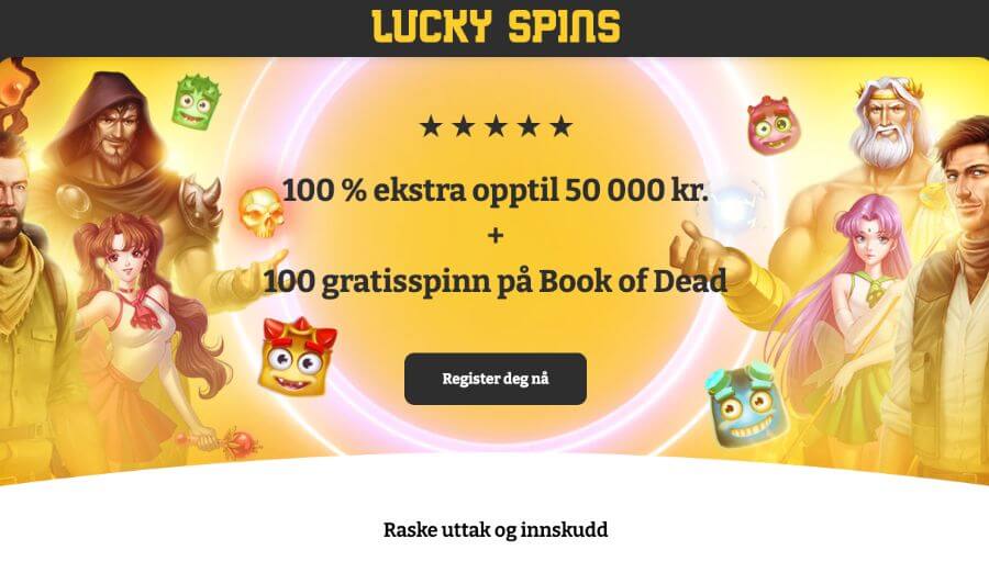 LuckySpins har en flott forside med en eksklusiv velkomstbonus gjennom NorgeKasino