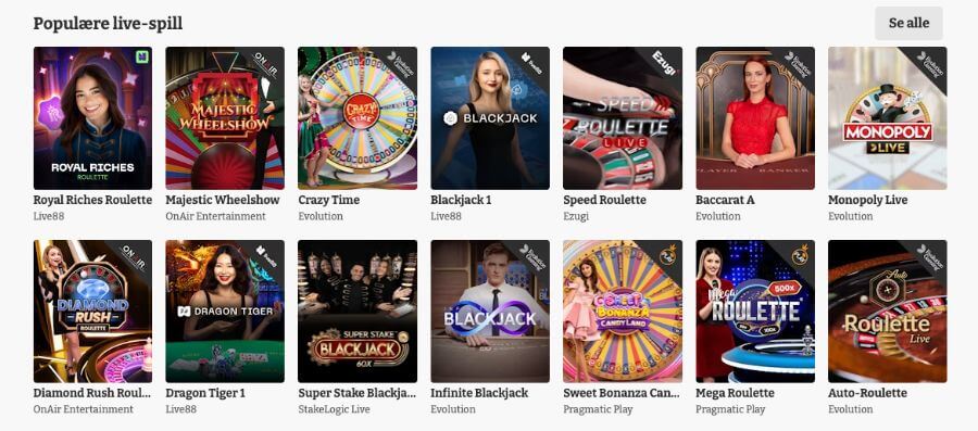 Lucky Spins har et live casino med klassiske bordspill og live game show-spill