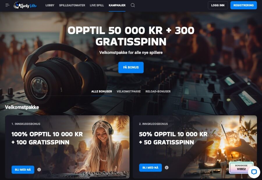 LuckyVibe har en stemningsfull forside og en herlig velkomstbonus med ekstra free spins