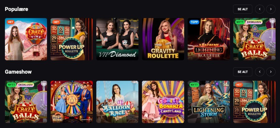 LuckyVibe har et live casino med klassiske bordspill og live game show-spill