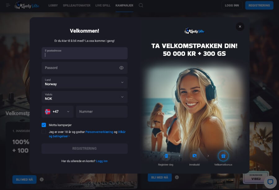 LuckyVibe har en enkel og rask registrering av en spillekonto