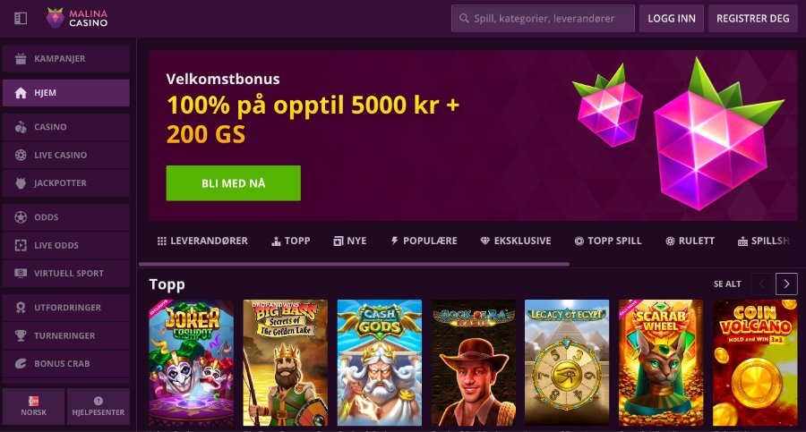 Malina Casino har en lilla forside og tilbyr en god velkomstbonus med free spins