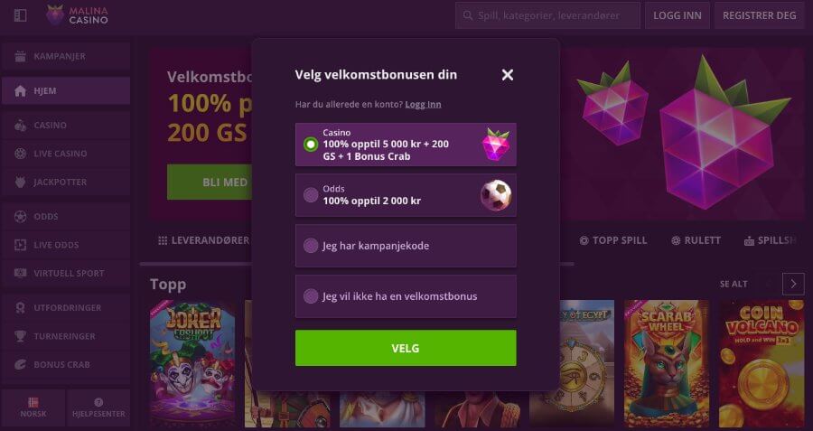 Det er en enkel og rask registrering av en spillekonto hos Malina Casino