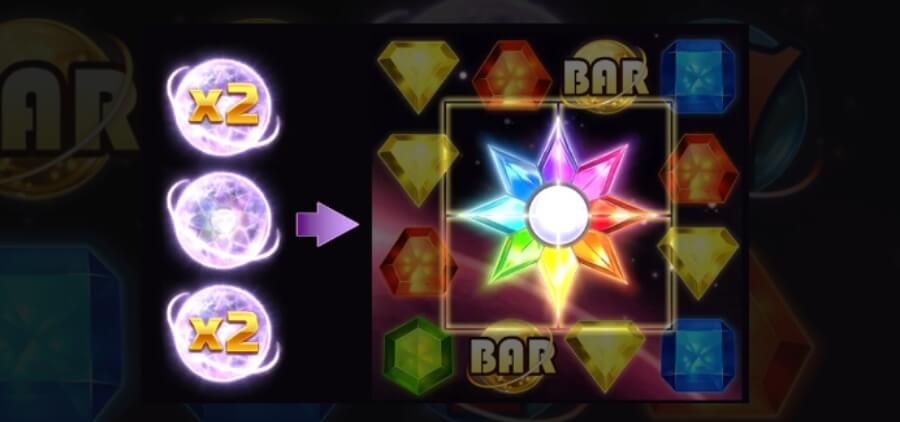 Mega Star og Multiplier Collect Meter på spilleautomaten Starburst Galaxy