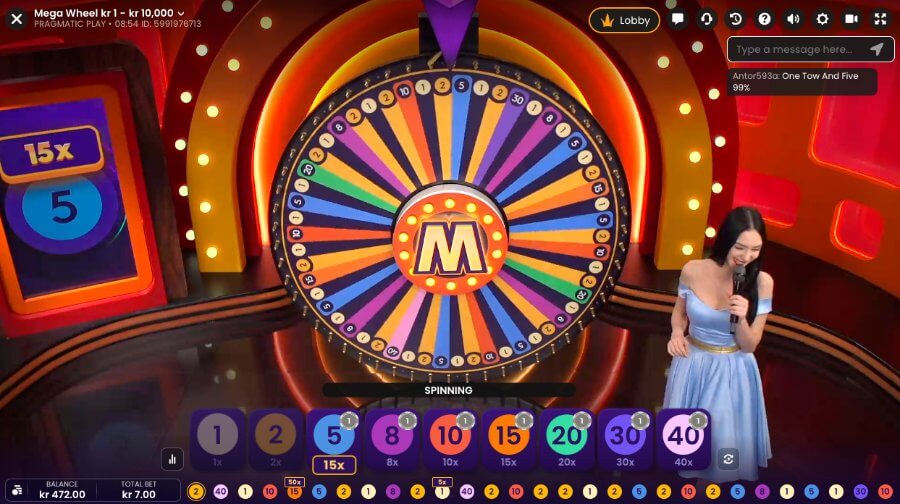 Mega Wheel er et game show med tilfeldige multiplikatorer som genereres av RNG