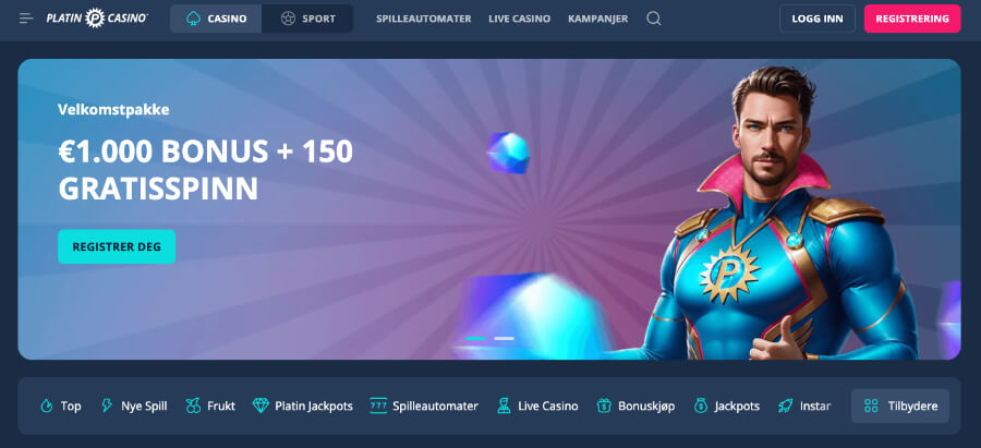 PlatinCasino har en flott forside og en herlig velkomstbonus til nye spillere