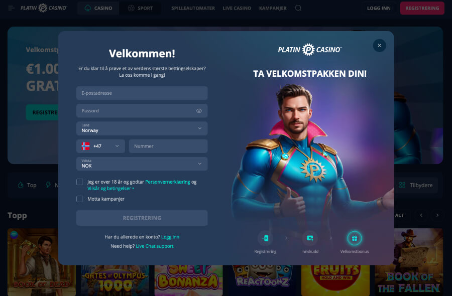 Det er enkelt og raskt å registrere en spillekonto hos PlatinCasino