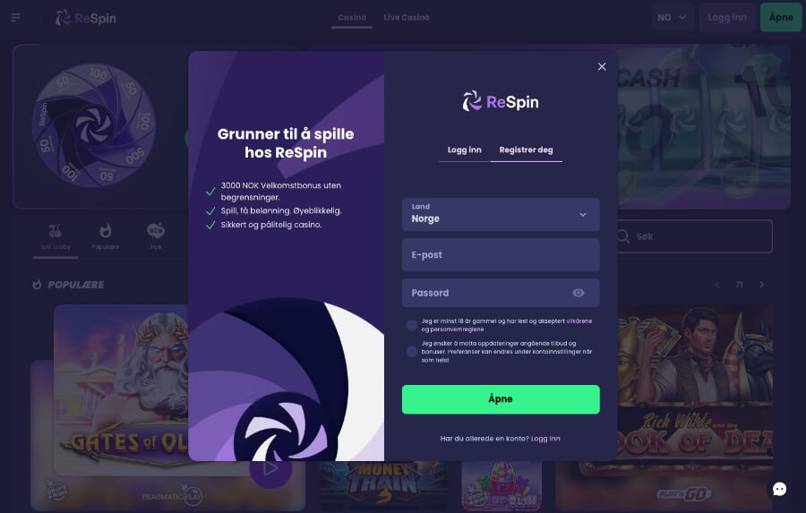 Hos ReSpin kan du registrere en spillekonto i løpet av et par minutter