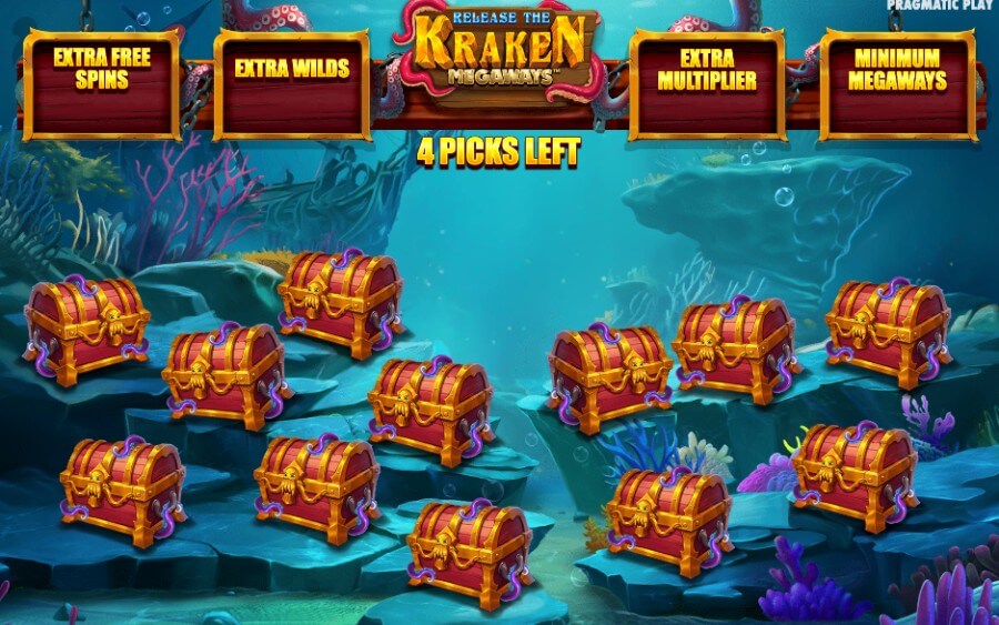 Release the Kraken Megaways™ har også et bonusspill med valg av kister som starter før free spins-runden