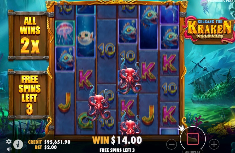 Free spins-runden på Release the Kraken Megaways™  kommer med multiplikatorer og wilds