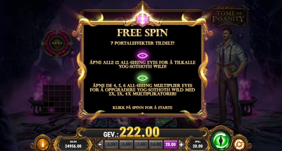Spilleutomaten Rich Wilde and the Tome of Insanity gir deg alt fra 3 til 7 free spins