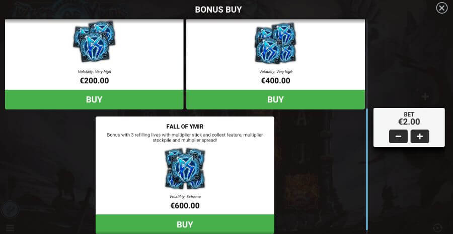 Spilleautomaten Rise of Ymir kommer med bonus buy-funksjon der du kan kjøpe tre ulike bonuser og to FeatureSpins™-funksjoner i tillegg