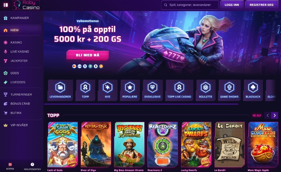 Roby Casino har en godt designet forside i lilla