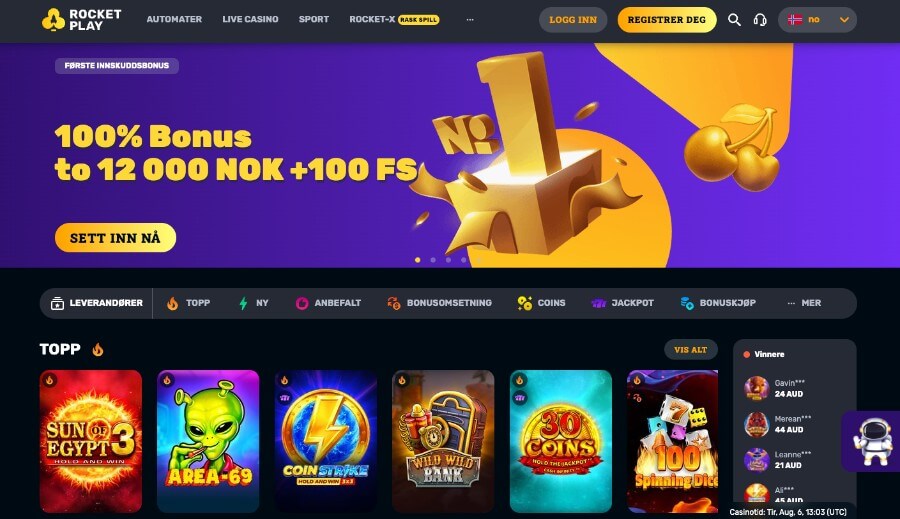 Rocket Play har en oversiktlig forside og en god velkomstbonus