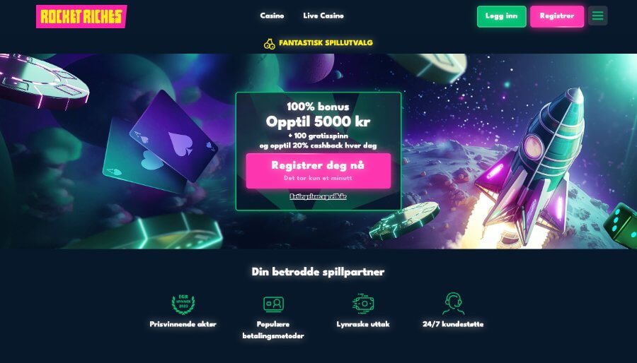 Rocket Riches har en flott forside med en velkomstbonus som inneholder bonuspenger, free spins og 20% daglig cashback