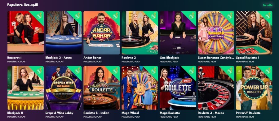 Rocket Riches har et live casino med klassiske bordspill og live game show-spill