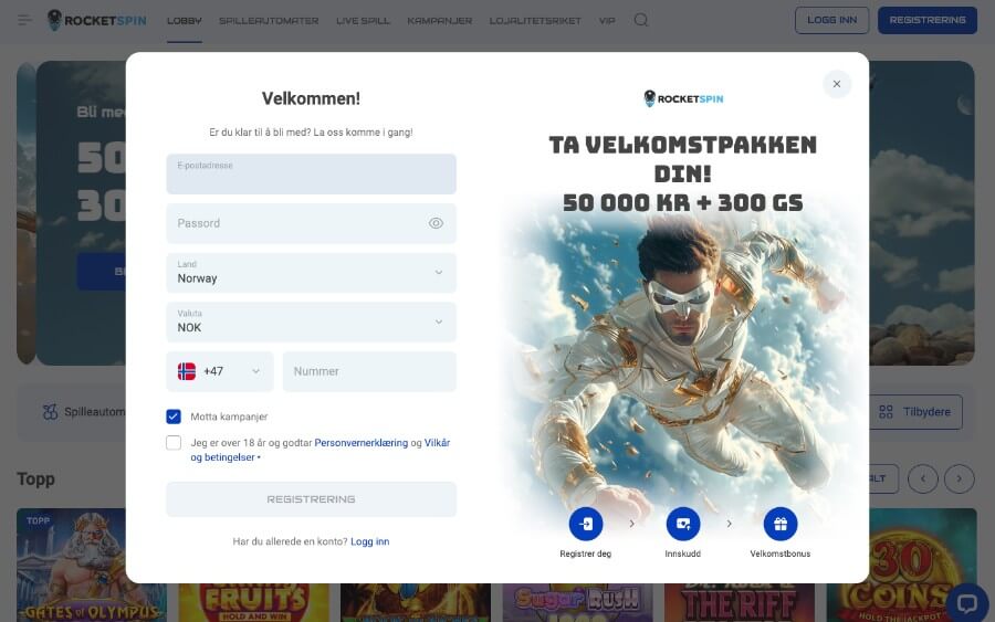 Rocketspin har enkel og rask registrering