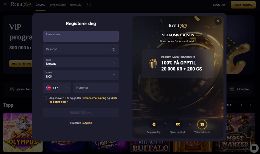 RollXO har en enkel registrering av en spillekonto som tar et par minutter