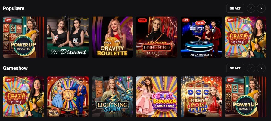 Rollero har et live casino med klassiske bordspill og live game show-spill