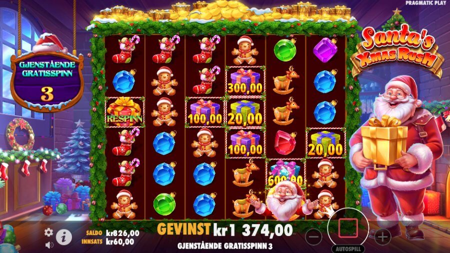 Santa's Xmas Rush free spins med Xmas Rush-funksjonen og respinn