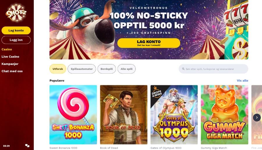 Shotz har en oversiktlig forside og en no-sticky velkomstbonus