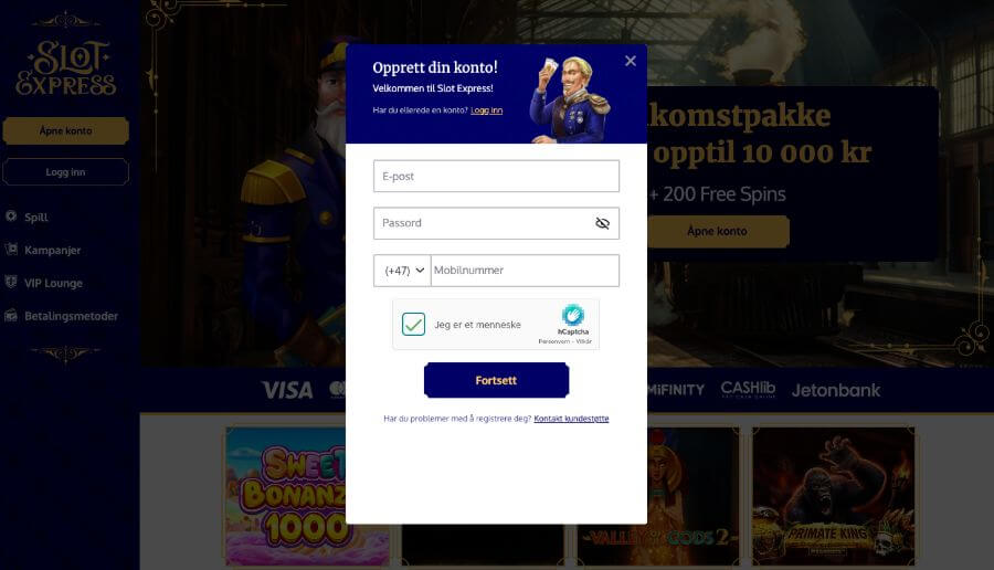 Det er enkelt og raskt å registrere en spillekonto hos SlotExpress