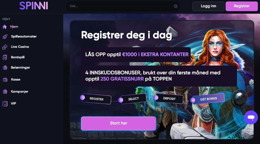 Spinni har en oversiktlig forside i lilla og gir deg en herlig velkomstbonus med free spins