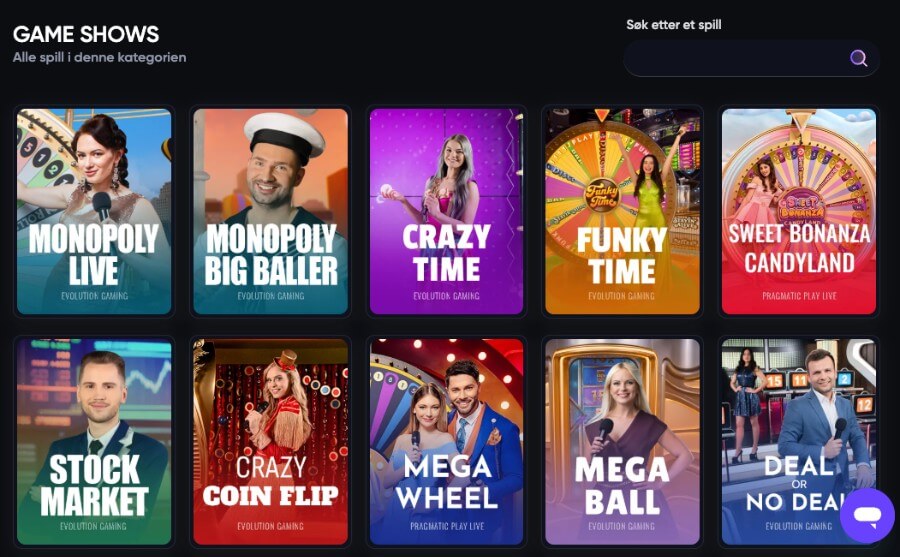 Spinni har et live casino med klassiske bordspill og live game show-spill