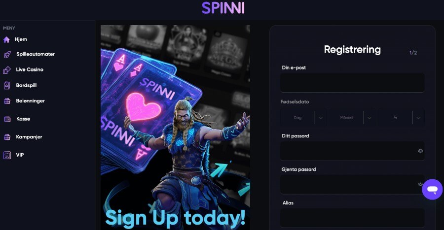 Du kan enkelt registrere en spillekonto hos Spinni og komme i gang med spillingen i løpet av et par minutter