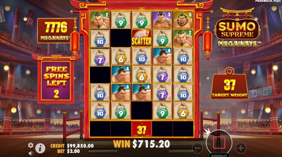 Sumo Supreme Megaways™ kommer med free spins på opptil 28 spinn i tillegg til retriggere