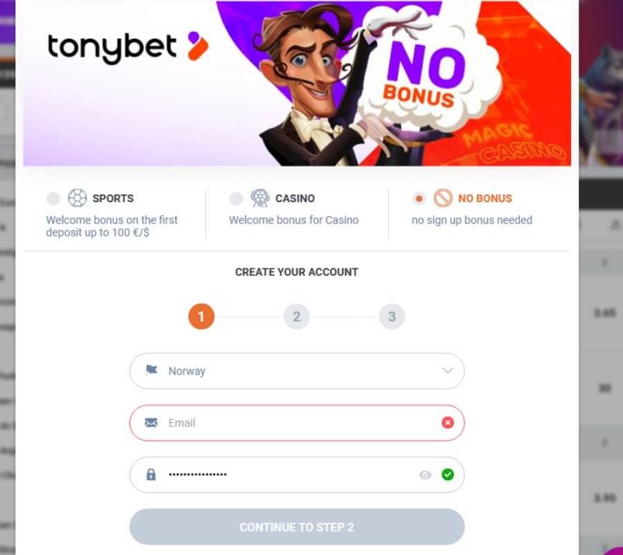 Det er en enkel registrering av spillekonto hos TonyBet