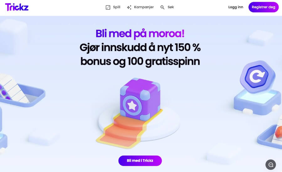 Trickz forside med en herlig velkomstbonus som også inkluderer free spins