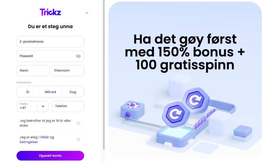 Trickz har en enkel registrering av en spillekonto