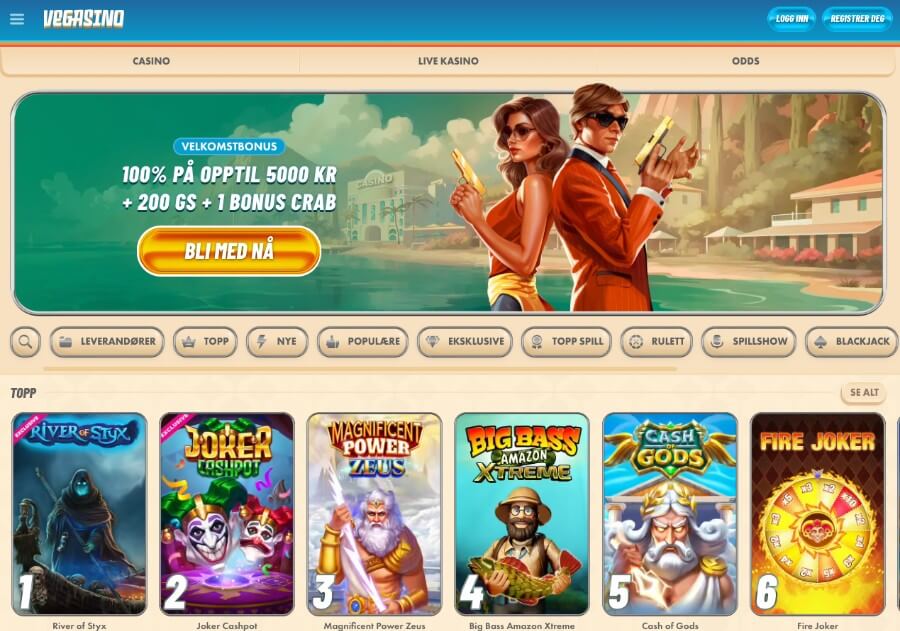 Vegasino har en enkel forside og en velkomstbonus med ekstra bonuspenger og free spins