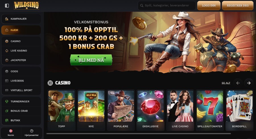 Wildsino har en oversiktlig forside med en god velkomstbonus